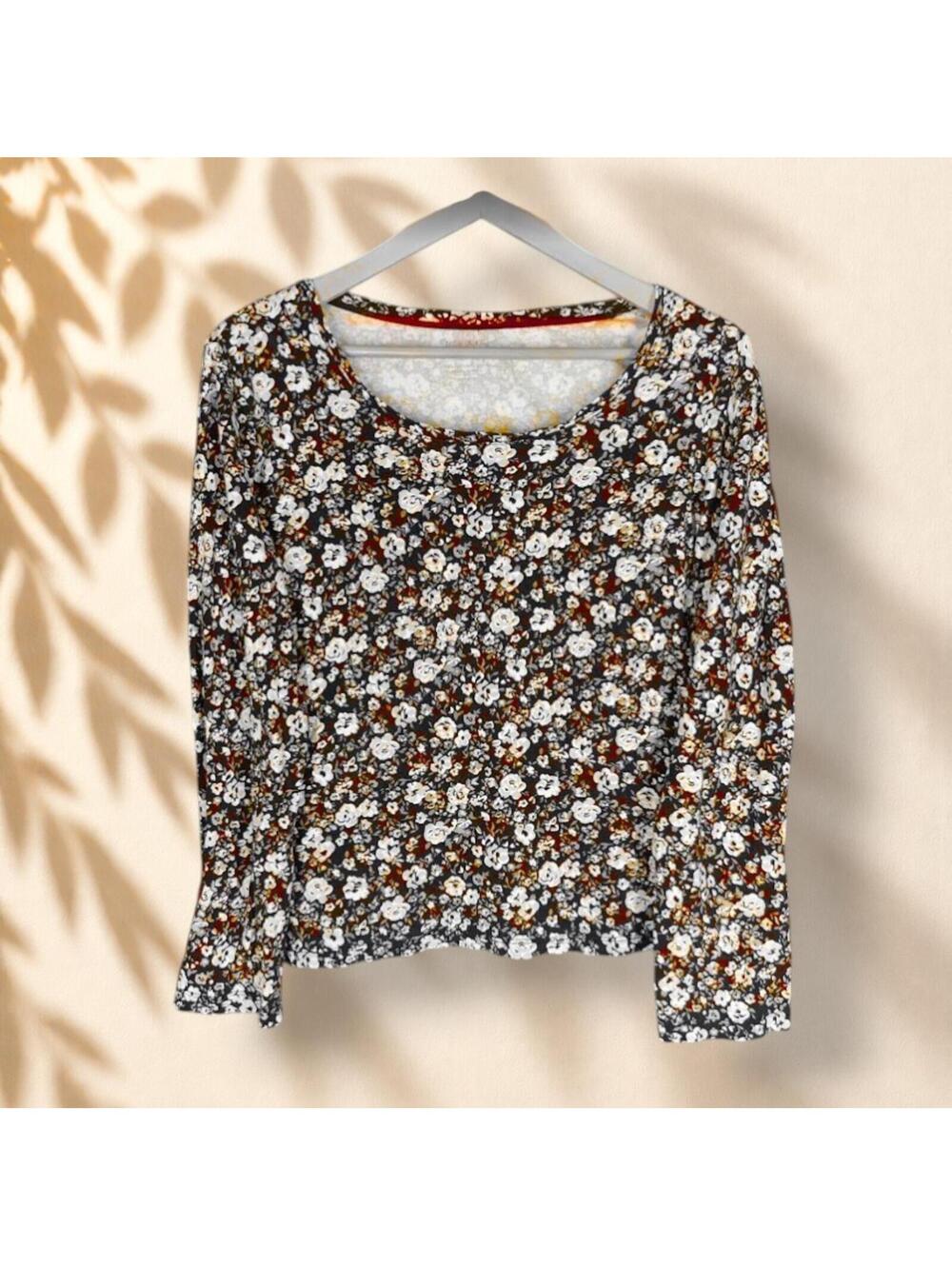 White Stag Blouse Women L Large Black Floral Long Sleeve Round Neck Cotton